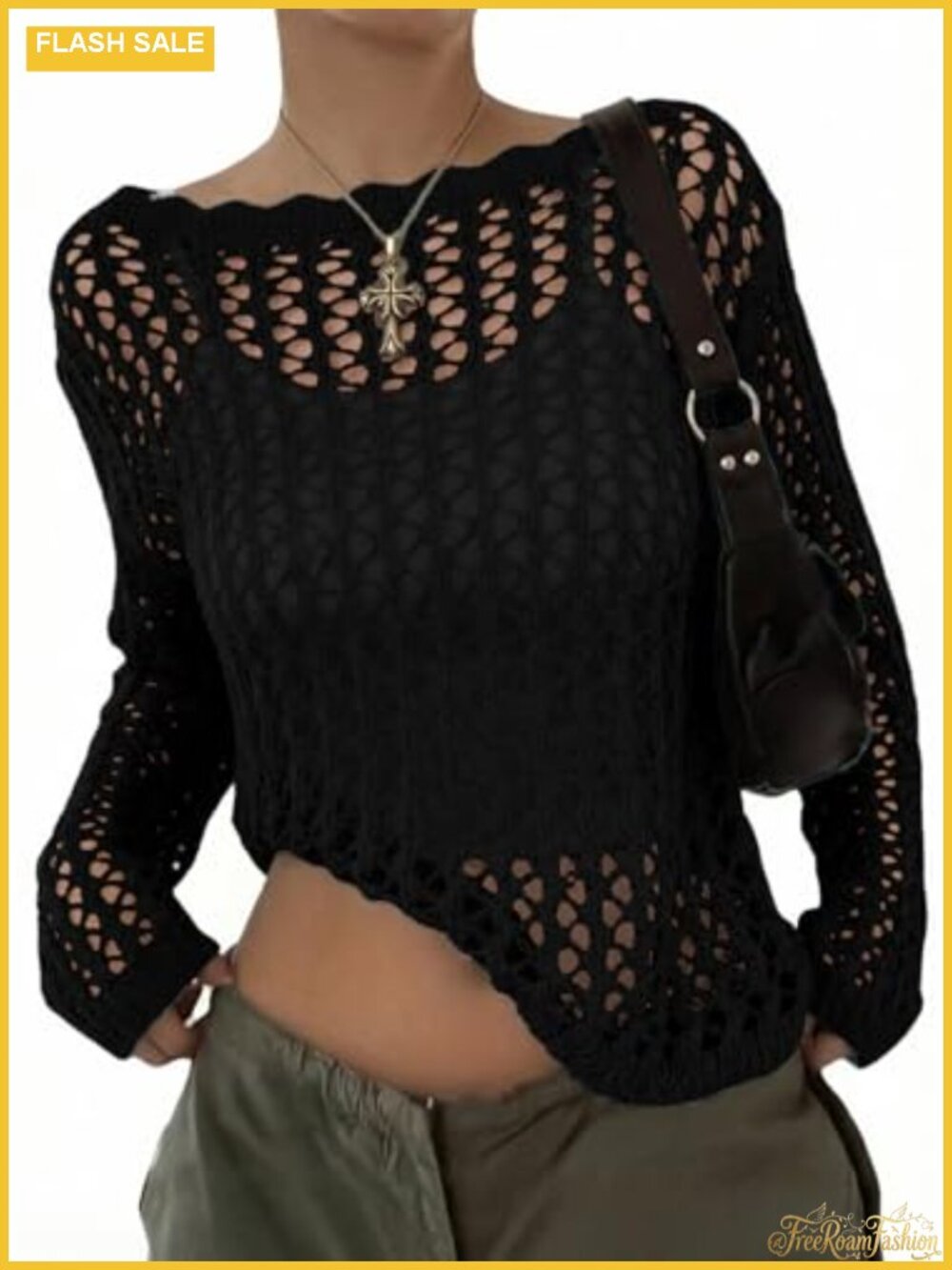 Crochet Long Sleeve Hollow Out Knit Sweater Off Shoulder Boat Neck